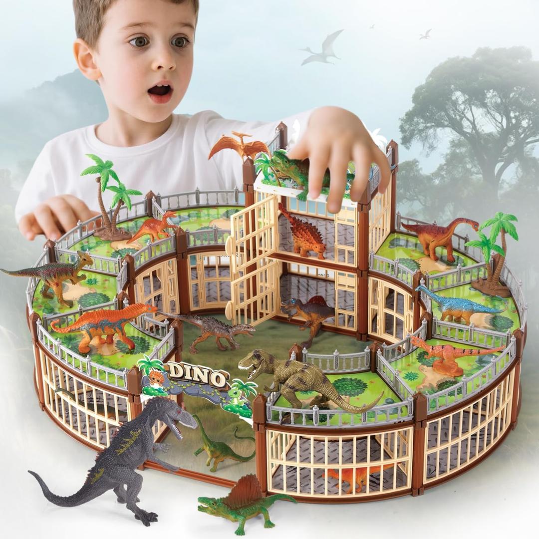 Dinosaur Toys for Kids, 215PCS Dinosaur Park Playset with 18 Dinosaurs & Openable Cages, Fun DIY Building Set for Kids
