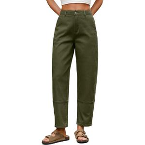 Eddoyee Harem Pants for Women, High Waisted Elastic Cropped Pants Ankle Length with Cargo Seam Layered Design (Small, Army Green)