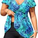 Aqua Eve Plus Size Tankini Swimsuits Bathing Suit - Women Two Piece with Shorts Tummy Control Swimwear Blue Leaves 24W XL