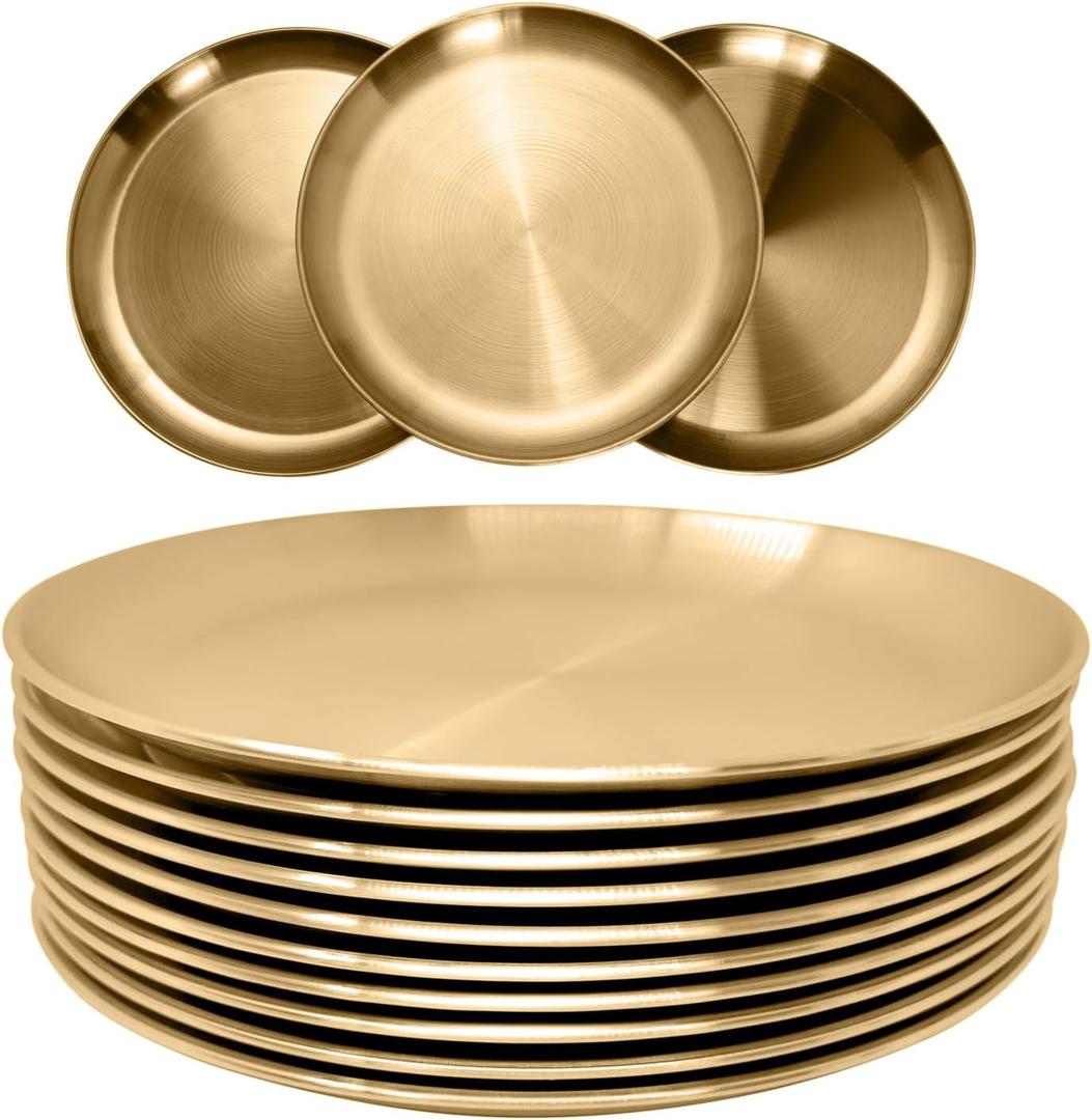 Stainless Steel Plates Metal Gold Dinner Plates Unbreakable Dinner Dishes Plates Set for Barbecue Kitchen Home Camping Outdoor Party (9inch, 10Pcs)