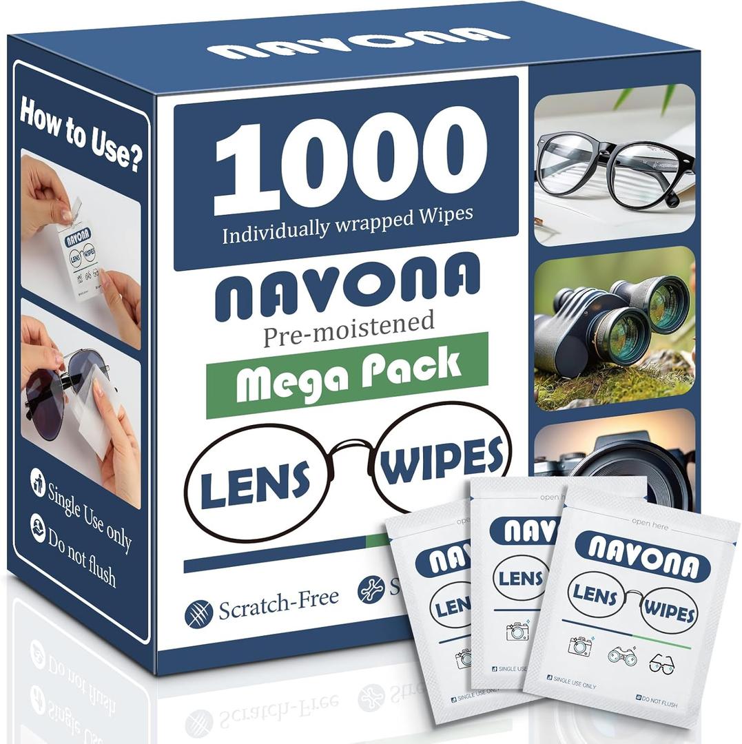 1000 Count Lens Wipes for Eyeglasses Pre-Moistened, Individually Wrapped Eyeglass Cleaning Wipes Scratch-Free, Streak-Free Glasses Cleaner Wipes for Sunglasses & Camera Lens Bulk Pack