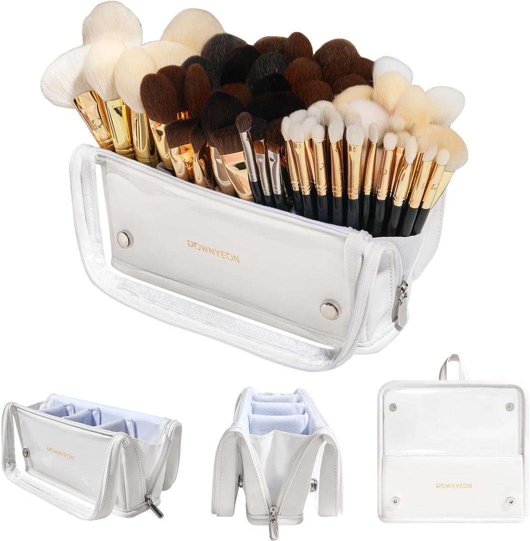 ROWNYEON Makeup Brush Bag, High Capacity Stand-Up Makeup Brush Holder, Travel Professional Cosmetic Bag Artist Organizer Bag Large Makeup Brush Case with Adjustable Divider (Brushes Not included) (White)