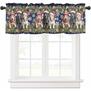 Christmas Puppy Valances for Windows 42" W x 12" L Dogs Gingerbread Pine Snowflake Blue Plaid Rod Pocket Curtains Valance Short Window Treatment Drapes for Living Room, Bedroom Bathroom Decor