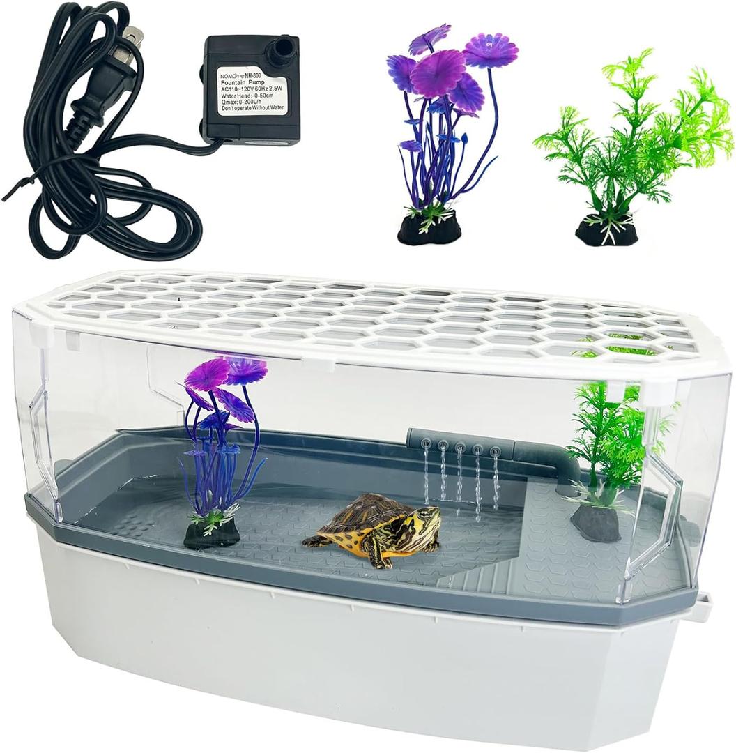 Hamiledyi Acrylic Turtle Aquarium Kit with Lid, Water Pump, Basking Platform, Bottom Drainage, Multi-Function Area Habitat for Turtles, Crabs, Crayfish, Tortoises (Small)