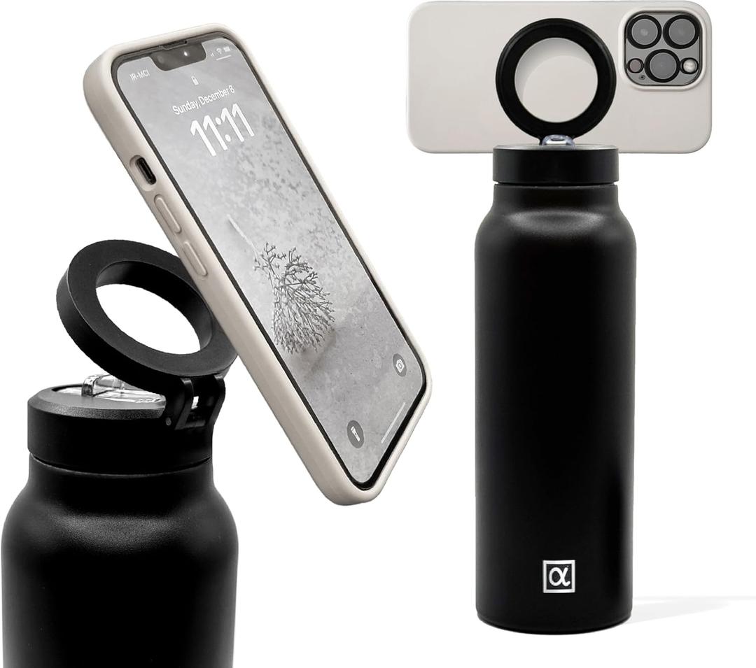Magsafe compatible insulated water bottle with magnetic phone holder stainless steel 24oz hot 12h & cold 24h 360 rotate double wall stainless steel magnetic water bottle phone mount with straw