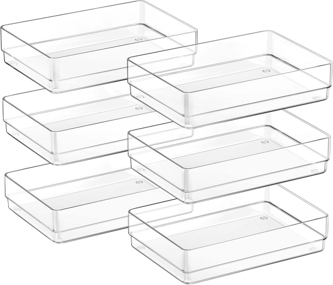 SMARTAKE 6 PCS Clear Plastic Drawer Organizers Set, Large Size Non-Slip Desk Drawer Organizer, Versatile Bathroom and Vanity Drawer Organizer Trays for Makeup, Bedroom, Office, Kitchen Utensils