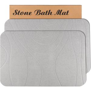 Stone Bath Mat, 2 Pack Diatomaceous Earth Shower Mat, Non-Slip Super Absorbent Quick Drying Bathroom Floor Mat, 24x15, Light Grey