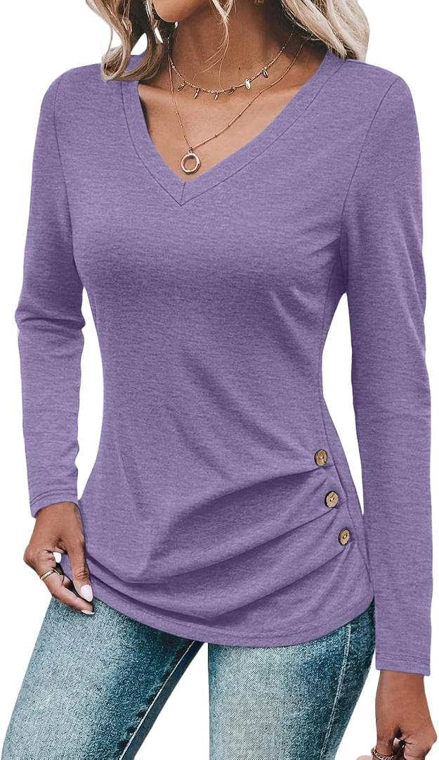 Womens V Neck Long Sleeve T Shirts Ruched Tops Casual Loose Fit Tees Fall Fashion Outfits 2025 (XX-Large, Purple)