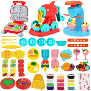 3 in 1 Dough Sets 59 PCS for Kids Ages 4-8, Dough Tools Kit with Ice Cream Noodle Hamburger Maker Machine, Kitchen Creations Art Crafts Food Play Toys for Boys Girls Kids Toddlers Ages 3+