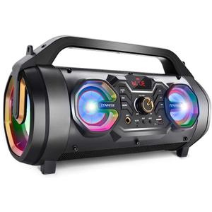 Bluetooth Speaker, 30W Portable Bluetooth Boombox with Subwoofer, FM Radio, RGB Colorful Lights, EQ, Stereo Sound, Booming Bass, 10H Playtime Wireless Party Speaker for Home, Outdoor, Travel, Camping  Black Gold