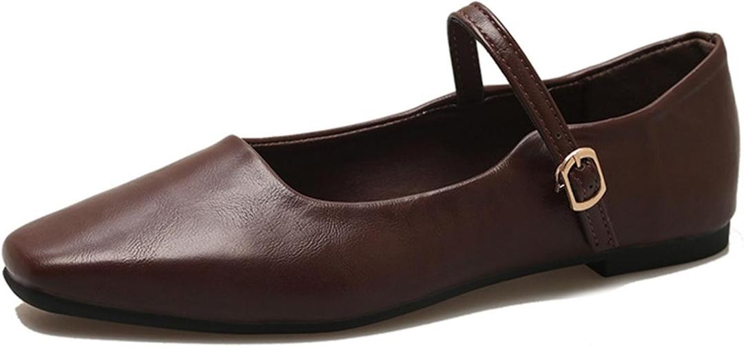 Women's Classic Retro Square Toe Flat Mary Jane Shoes Fashionable and Comfortable Walking Flat Shoes with Buckles (5, Brown)