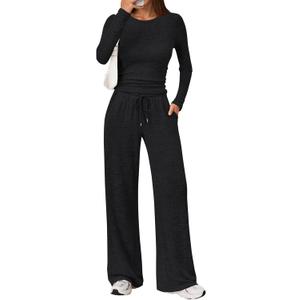 LILLUSORY Womens 2 Piece Matching Lounge Sets 2025 Fall Fashion Knit Sweater Airport Travel Vacation Outfits Gym Sweatsuits (Medium, Black)