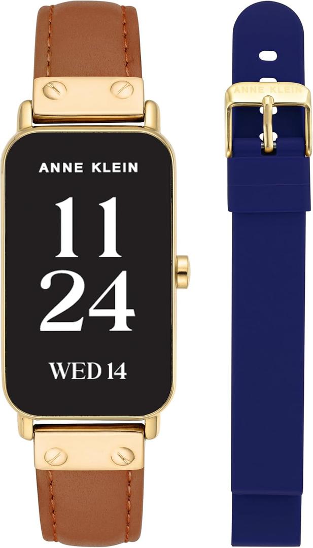 Anne Klein Connect It Illume Smartwatch Set, Brown/Navy Blue/Gold, Band Length: 9". Case width: 25mm. Band width: 16mm