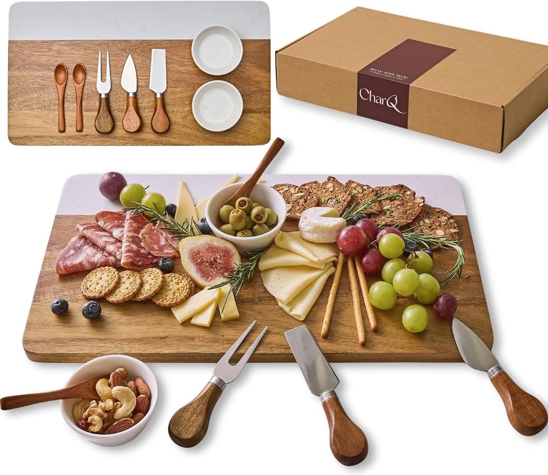 Charcuterie Board Set - Marble & Acacia Wood Cheese Board and Serving Board Platter, Charcuterie Boards Gift Set for Hosting, Wedding and Housewarming, Bridal Shower Marble Serving Tray