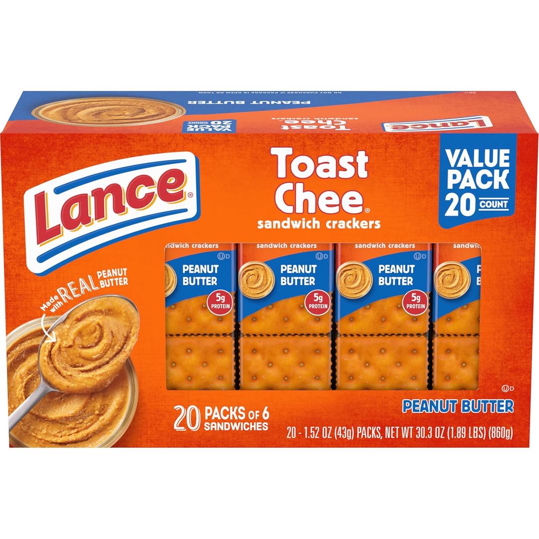 Lance Sandwich Crackers, ToastChee Peanut Butter, 20 Individually Wrapped Packs, 6 Sandwiches Each (1.52 Ounce (Pack of 20))