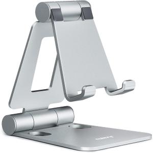 Nulaxy Dual Folding Cell Phone Stand, Fully Adjustable Foldable Desktop Phone Holder Cradle Dock Compatible with iPhone 17 16 15 14 13 12 11 Pro Max Xs Xr X 8, Nintendo Switch, All Phones - Silver