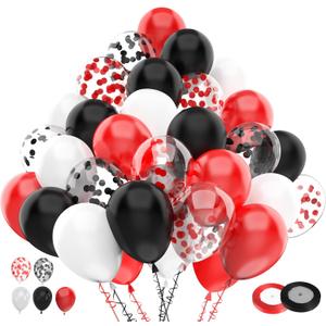 100pcs Red Black White Latex Balloons with 12 Inch Red Black Glitter Confetti Balloons Birthday Wedding Baby Shower Graduation Poker Card Decorations, Red and Black Party Balloon Set