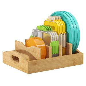 Bambition Bamboo Food Container Lids Organizer for Cabinet and Pantry, Wood Lids Holder with 5 Adjustable Dividers