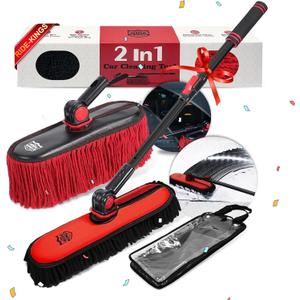 2In1|2MOPS(Car Wash Brush Mop*1 & Car Duster Mop*1) with 1 Long Handle|Microfiber Car Brushes for Washing Exterior,Car Wash Accessories Scratch Free,Car Wash Mop for Rv Truck Boat