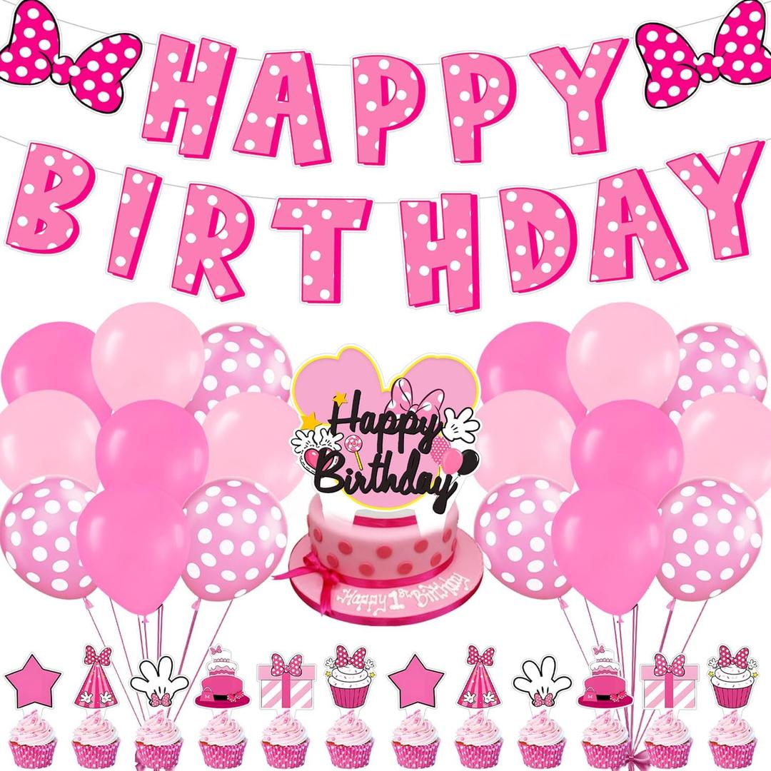 2 x Pink mouse Birthday Party Decorations,Cartoon Mouse Decor Supplies Include Happy Birthday Banner, Latex Balloon, Cake Toppers