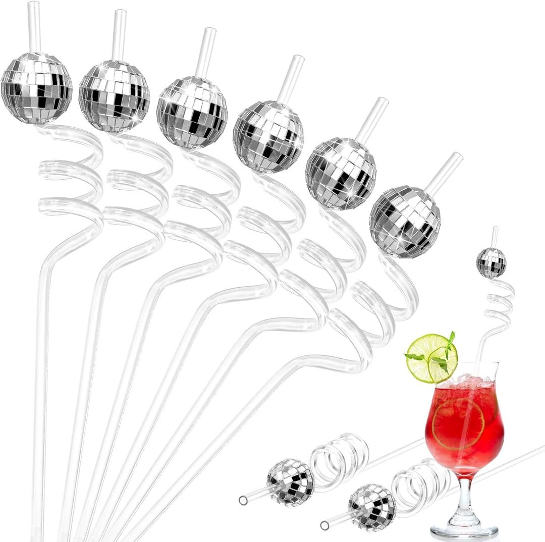 Chengu 24 Sets Disco Party Decorations, 70s Disco Ball Straw, Glitter Mirror Ball and Silver Plastic Straws for 1970s Retro Theme Bachelorette Party Decorations Birthday Supplies