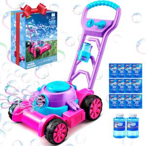 SLOOSH Bubble Lawn Mower Toddler Toys - Spill-Proof Bubble Machine Pretend Gardening Toy for Age 1 2 3 1-3 Year Old Toddler Indoor Outdoor Use, Baby Girl Push Toys Easter Birthday Gift (Pink)