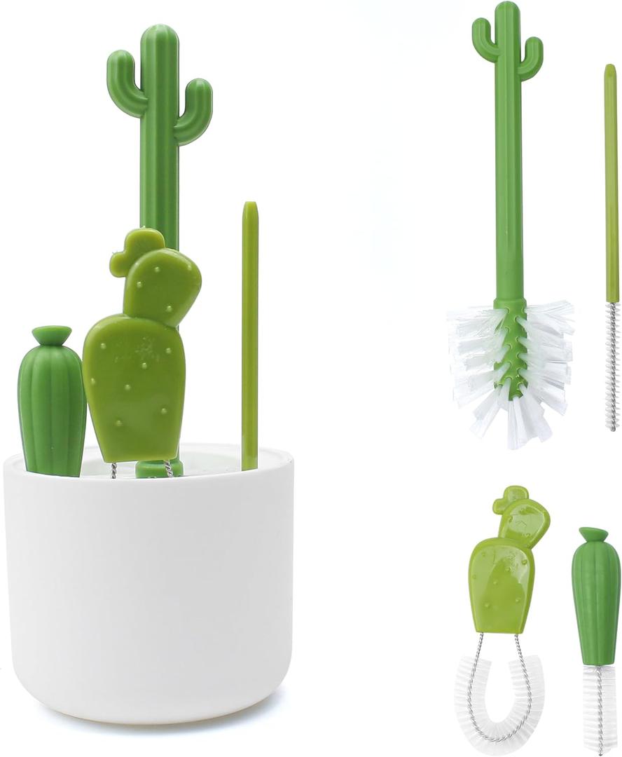Cactus Bottle Brush Set, Full-Angle Straw Detail Brushes Cleaning Cleaner Washer Tool Kit with Stand Holder Multifunctional for Washing Baby Breast Pump Nipple Essentials Kitchen Decor Replacement