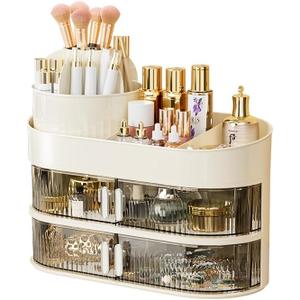 Rotating Makeup Organizer for Vanity, 3-Tier Large Capacity Countertop Storage with 4 Dust-Proof Drawers, Easily Hold Lipsticks, Jewelry, Brushes