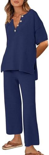 Ekouaer Womens Sweater Sets Oversized Chunky Knit Sweater Top Wide Leg Pants 2025 Trendy Clothes Chic Outfits Midnight Blue, L