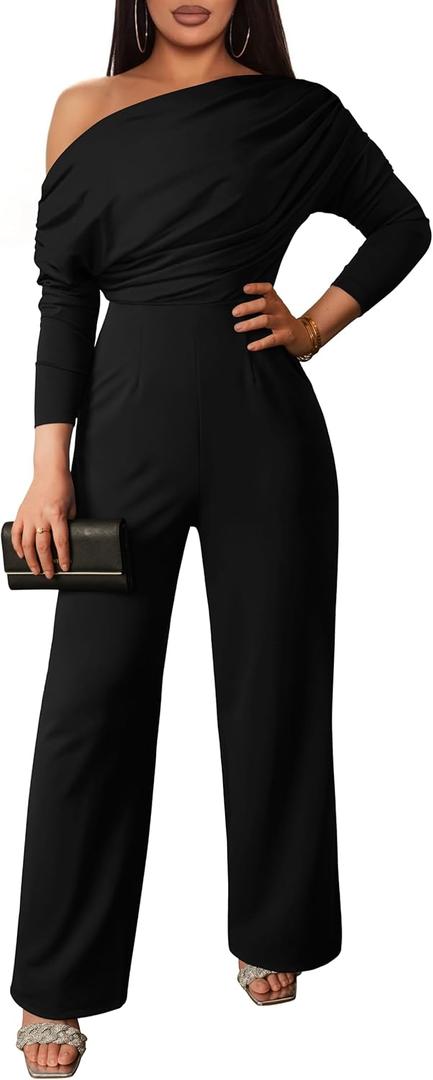YMDUCH Women's Fall Elegant Long Sleeve Off Shoulder Wide Leg Long Pant Jumpsuits (Large, Black)