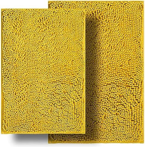 BOANKODU Bathroom Rugs Sets 2 Piece, Ultra Soft Absorbent Bath mat Chenille Bathroom Rug, Antiskid Bath mats Washable Bathroom mat (20x32 inch + 16x24 inch) Yellow