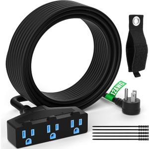 Outdoor Extension Cord 20 Ft with 3 Outlets, 12/3 SJTW 3 Prong Grounded Power Cord, 12 Gauge 12AWG Heavy Duty Power Cable, ETL Listed, 15 Amp 125 V 1875 W-Multiple Outlets for Indoor/Outdoor-Black