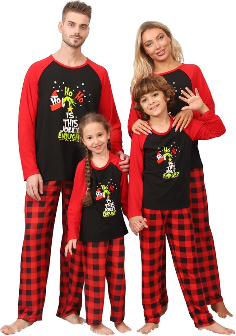Christmas Matching Pajamas for Family, Long Sleeve Cute Print Tops and Wide Leg Plaid Pants Sleepwear Sets, Xmas Holiday PJs Jammies for Couples and Adult (X-Large, Men, HO HO HO) (XL)