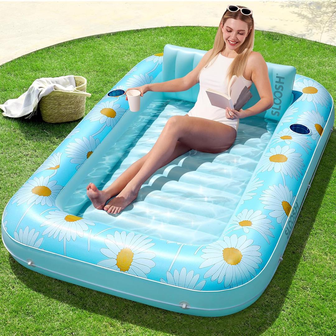 SLOOSH Inflatable Tanning Pool Lounger Float, 70" x 46" Pool Floats Adult with Pillow, 4 in 1 Suntan Tub Raft Floatie,Sunbathing Bed Lounge for Water Blow Up Ball Pit Party Gifts