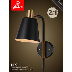 Lex 1-Light Plug-In or Hardwire Wall Sconce - Matte Black With Antique Brass Accents