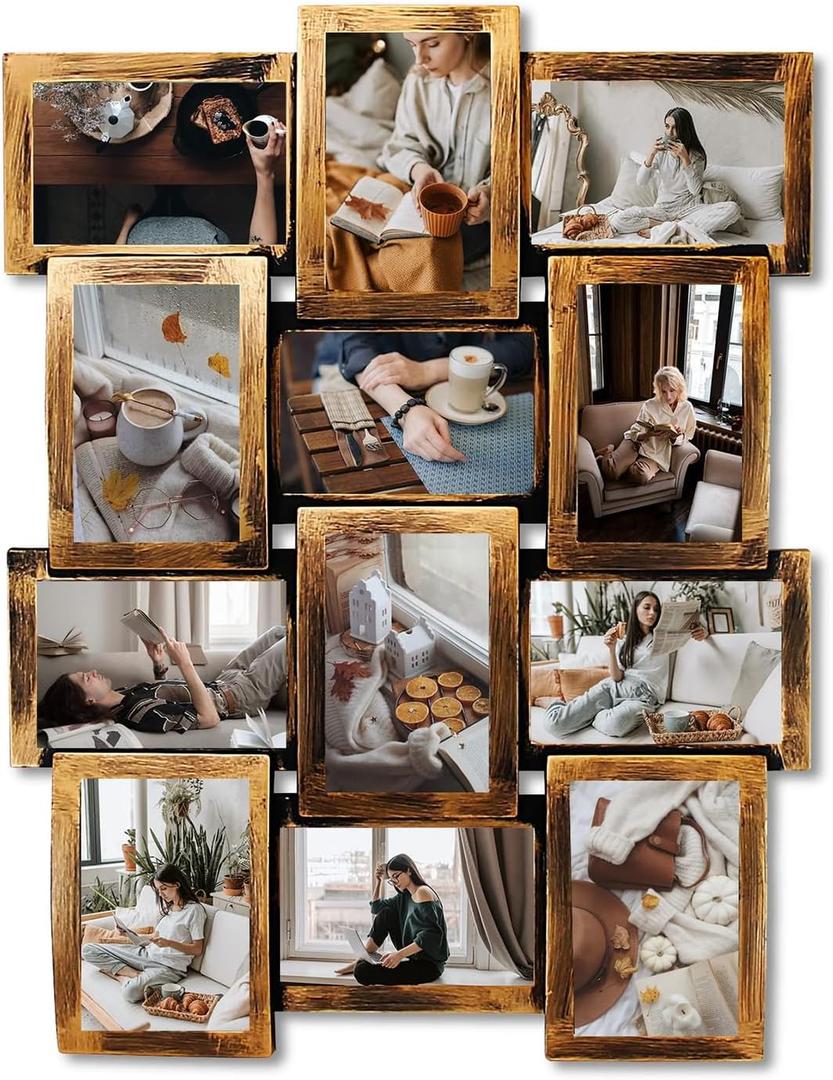 J.M.Deco Picture Frames Collage Wall Decor 12 Opening, 4x6 Picture Frame Collage for Wall, Rustic Retro Photo Frame Wall Hanging -One-Piece, Gold (Brown22#)