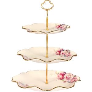 fanquare 3-Tier Floral Royal Cupcake Stand, Vintage Fruit Plate with Gold Trim, Dessert Stand for Birthday, Wedding, Tea Party