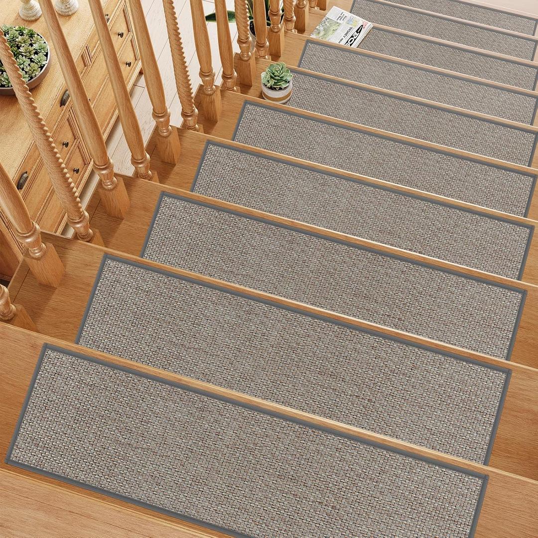Tiveney Stair Treads Non Slip 15PCS 8"x30" Linen Stair Runner, Self-Adhesive Peel and Stick Stair Treads for Wooden Steps, Washable Anti-Slip Backing Indoor Staircase Step Treads for Kids Elders Dogs