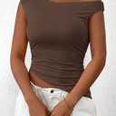 PRETTYGARDEN Womens Off The Shoulder Y2K Tops 2026 Summer Sleeveless Asymmetrical Ruched Going Out Tank Top Fashion Clothing (Brown, S)