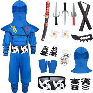 Kids Ninjia Costume - Muscle Ninja Costume Suit with Deluxe Ninja Toys for Little Boys & Girls Halloween Cospaly Dress Up (S ( 5-7 Years ), Blue)