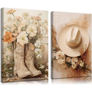 NNX 2pcs Vintage Western Cowgirl Canvas Wall Art: Coastal Cowgirl Boots & Hats Posters - Trendy Preppy Dorm Room & Living Room Wall Decor (16x24in)