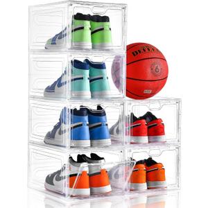 6 Pack Large Shoe Storage Box, Clear Shoe Storage Organizer with Magnetic Door, Stackable, Shoe Containers For Display Sneakers, Easy Assembly, Fit up to US Size 12, Clear