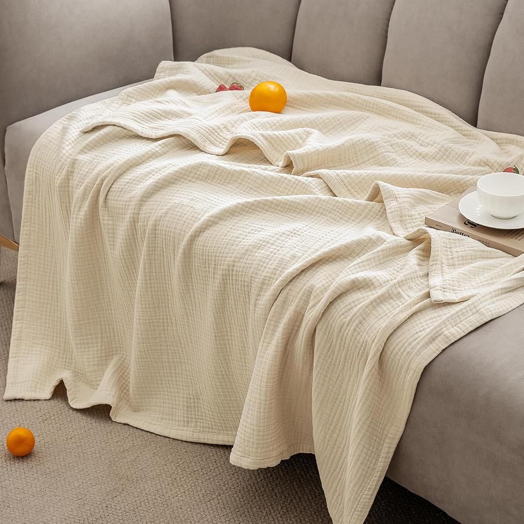 PHF 100% Cotton Muslin Blanket King Size 108" x 90", 4-Layer Lightweight and Breathable for Summer, Luxuriously Soft Gauze Bedding for Bed, Natural Minimalism Style, Ideal Gift, Beige/Short Bread