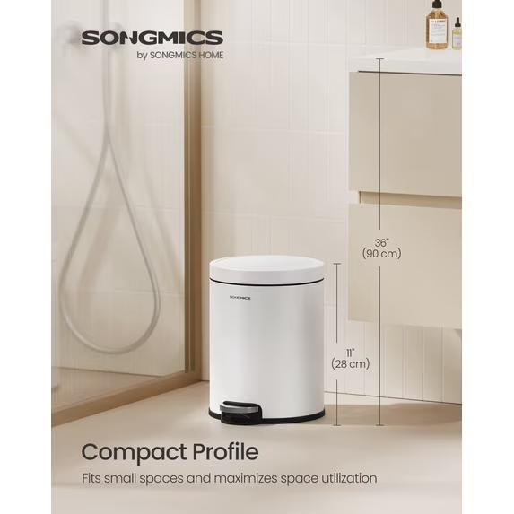 SONGMICS Bathroom Trash Can, 1.6 Gallon (6 L) Small Toilet Garbage Bin with Lid, Soft-Close, Stainless Steel, Pedal, Inner Bucket, Bedroom, Cloud White ULTB016WZ01