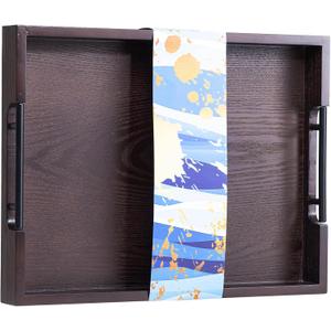 Large Serving Tray with Handles,17 x 13 x 2 Inch Dark Brown Acacia Wood Ottoman Tray Table Decorative Storage Coffee Trays Wooden Decor for Living Room,Breakfast in Bed,Dinner, Party, Bar Trays