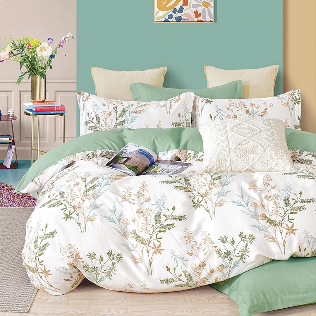 Natural Cotton 3pcs Botanical Comforter Sets King Size-Green Comforter with Luxurious Tan & Gray Leaves on White, Reversible Lightweight Floral Bedding Sets(King 104"90")