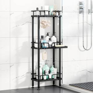 HapiRm Standing Corner Shower Caddy - 3 Tier Corner Shower Organizer with Soap Holder, Rustproof Stainless Steel Bathroom Shelf with 4 Hooks, Black