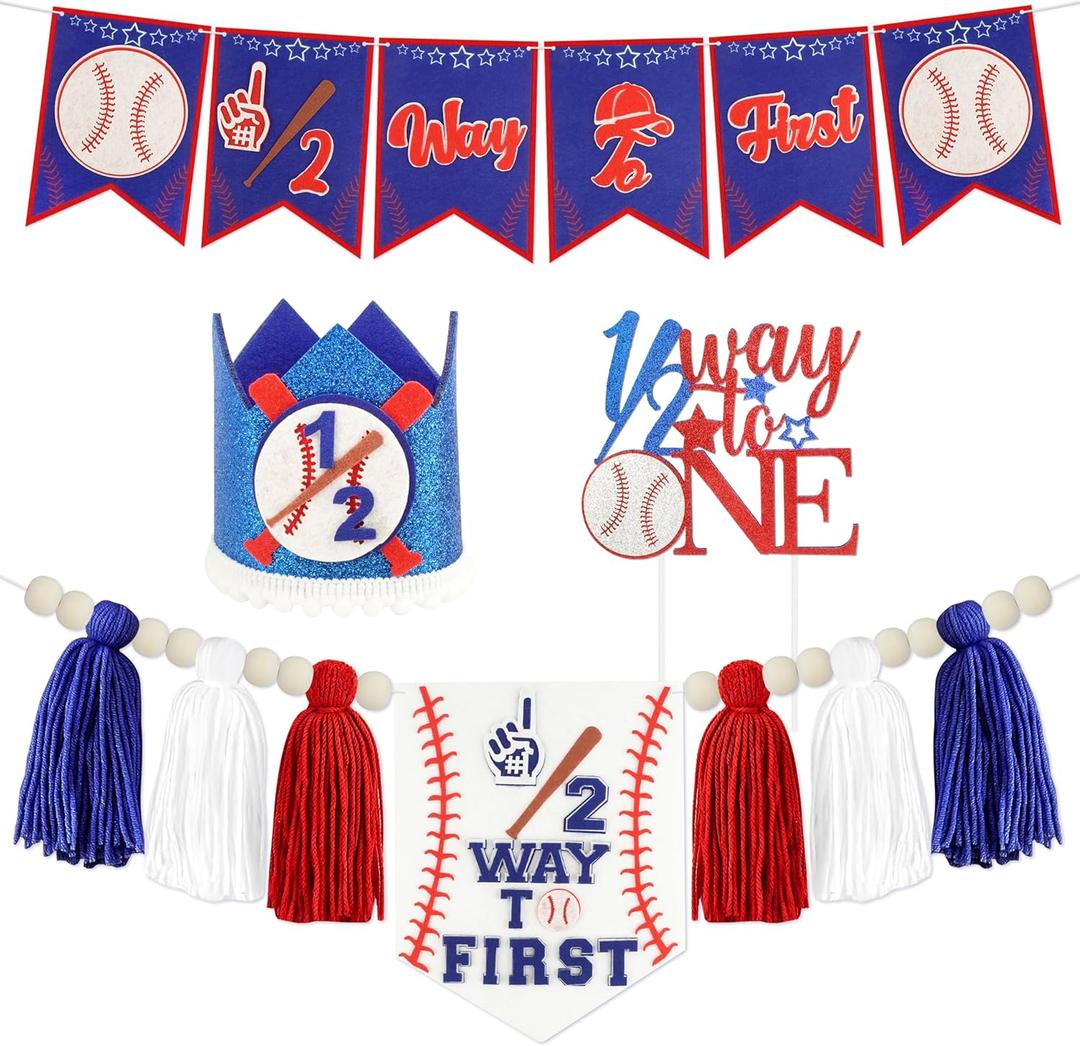 Baseball 1/2 Birthday Decorations Kit - Includes 1/2 Way to First Banner, High Chair Garland, Cake Topper, Soft Crown & Photo Backdrop for 6-Month Rookie Party