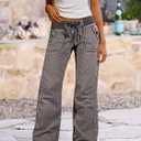 Flamingals Straight Leg Pants for Women Drawstring Waist Mid Rise Casual Solid Seam Detail Pants Gray L