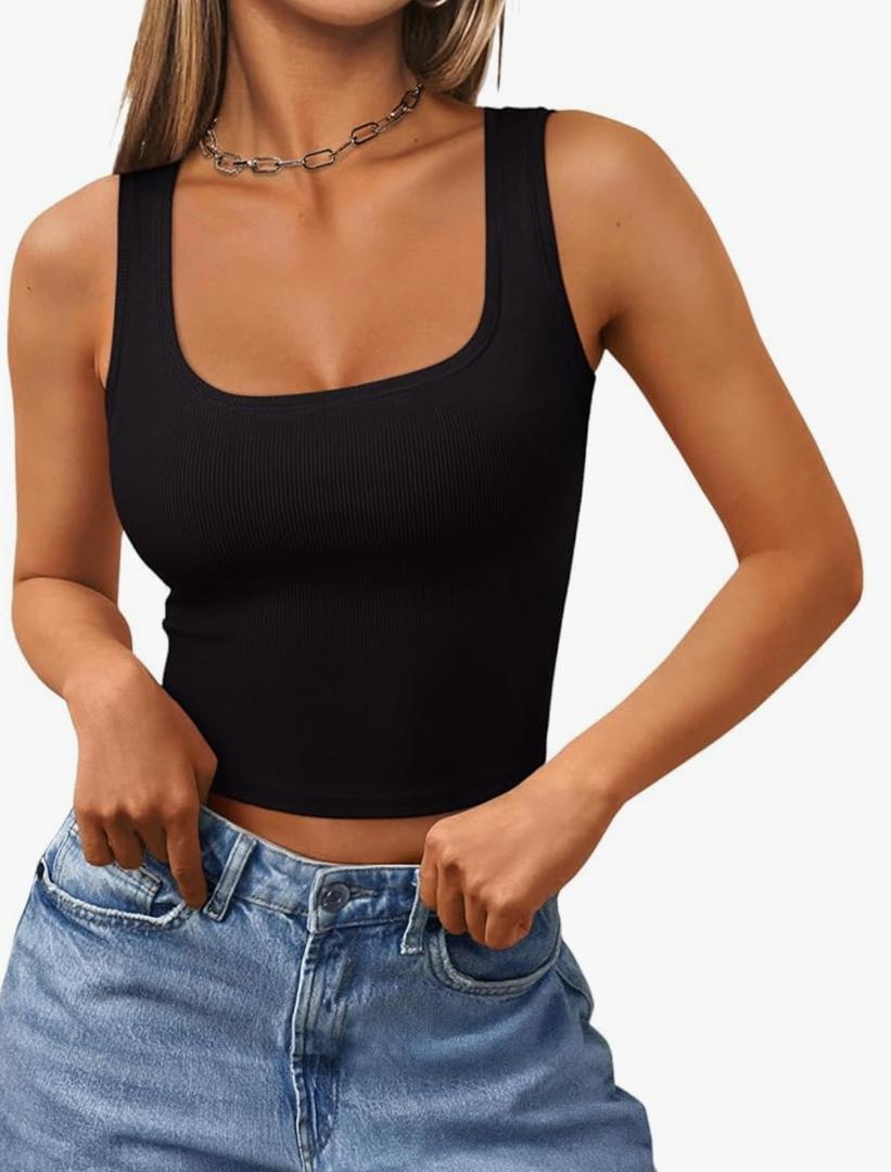 REORIA Womens Basic Square Neck Ribbed Tank Tops Workout Crop Tops 2025 Summer Sleeveless Slim Fit Shirts,L